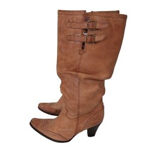 Bronx Tan Slouchy Distressed Pointed Wingtip Toe Leather Boots Buckle 41 9.5 US.